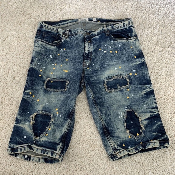 FWRD Denim Jean Shorts Mens 38 Paint Splatter Distressed Acid Wash Grunge Rap - Picture 1 of 6